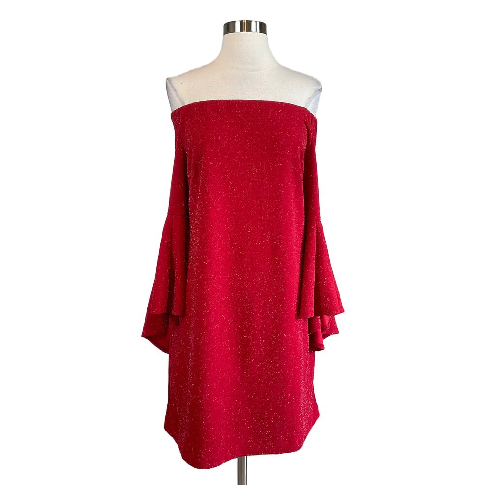 Vince Camuto Red Cocktail Dress Metallic Off the Shoulder Mini Sheath Size Large - Picture 2 of 11